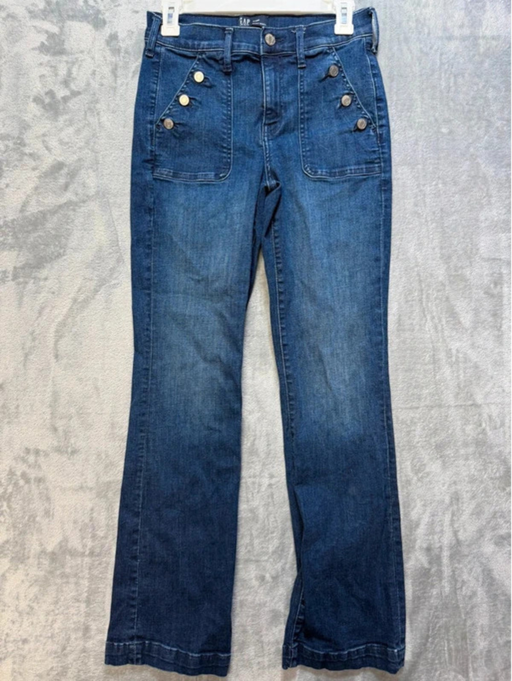 GAP Womens Baby Boot Blue Jeans Sailor Patch Pockets Size 6/28 Regular